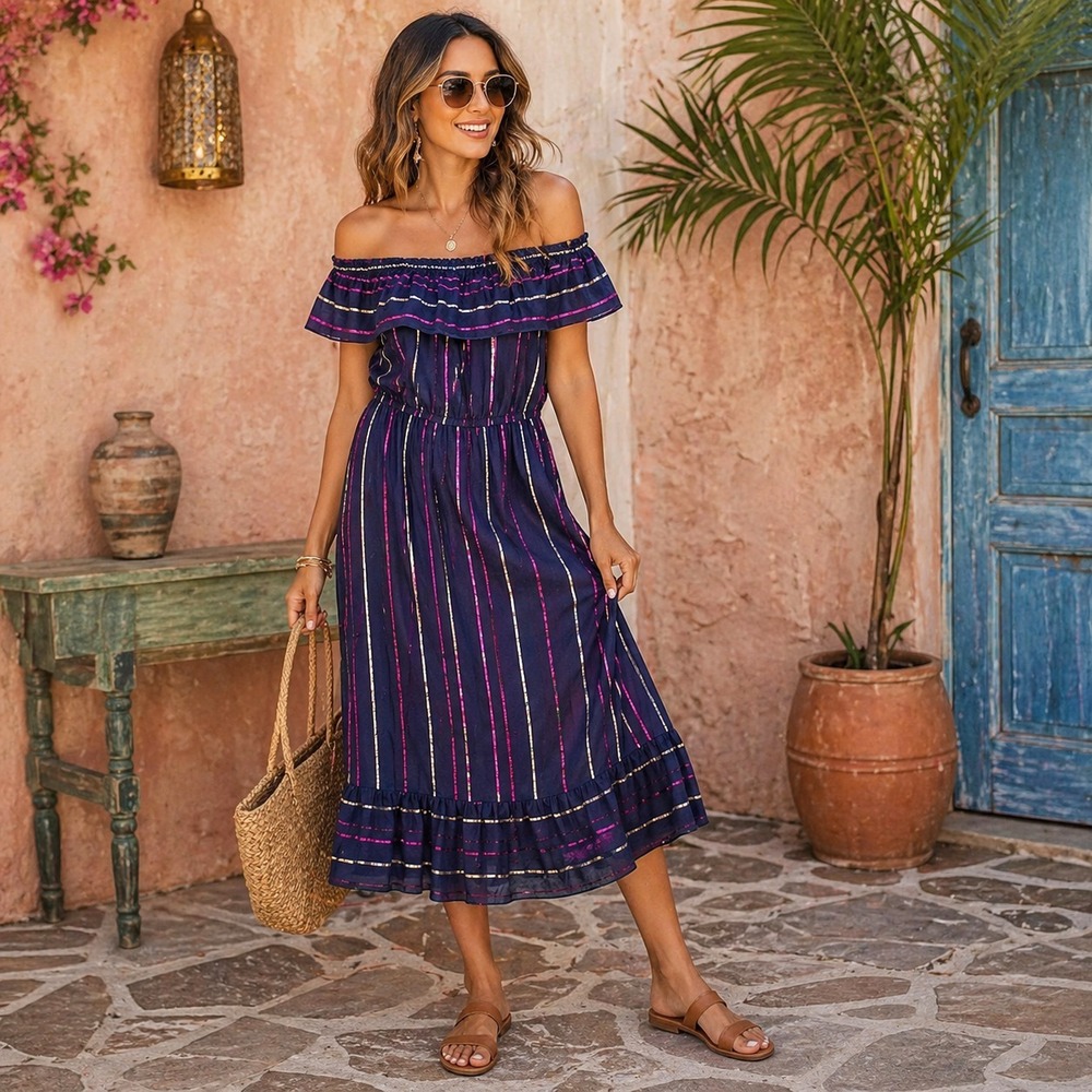 Maison Jules Off Shoulder Midi Dress XL Ruffle Metallic Stripe Boho Resort Chic